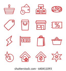 Sale icons set. set of 16 sale outline icons such as tag, explosion, shopping bag, donut, home search, buying a house, building, wallet, flash, store