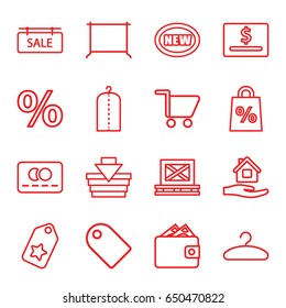 Sale icons set. set of 16 sale outline icons such as credit card, home care, clothes on hanger, hanger, cargo on palette, shopping cart, shopping basket, tag, new, wallet