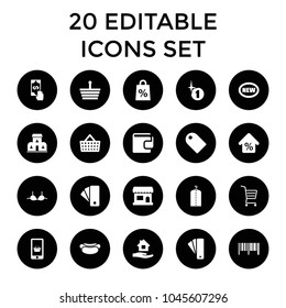 Sale icons. set of 20 editable filled sale icons such as tag, home care, bra, shopping basket, barcode, new, store, mortgage. best quality sale elements in trendy style.