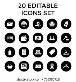 Sale icons. set of 20 editable filled sale icons such as credit card, tag, home care, shopping basket, barcode, donut, wallet, cargo on palette, hanger