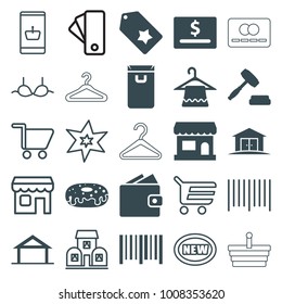 Sale icons. set of 25 editable filled and outline sale icons such as home, hanger, donut, wallet, dollar card, bar code, store, auction, explosion, bra, shopping cart