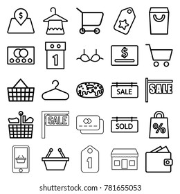 Sale icons. set of 25 editable outline sale icons such as credit card, hanger, bra, shopping basket, tag, shopping bag, donut, wallet, dollar card, sold tag, lot price