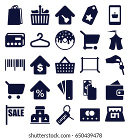Sale icons set. set of 25 sale filled icons such as credit card, tag, hanger, wallet, shopping bag, donut, cargo tag, tent, home key, buying a house, shop, mortgage