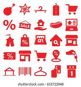 Sale icons set. set of 25 sale filled icons such as home, explosion, home care, clothes on hanger, hanger, hot dog, bar code, tent, home search, shop, real estate on laptop