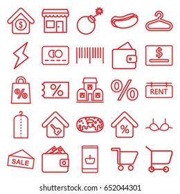Sale icons set. set of 25 sale outline icons such as hanger, wallet, credit card, explosion, clothes on hanger, bra, hot dog, donut, home key, rent tag, mortgage, building
