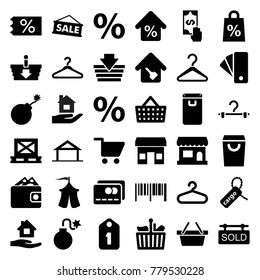 Sale icons. set of 36 editable filled sale icons such as home, hanger, explosion, home care, shopping basket, barcode, shopping bag, store, percent, cargo on palette
