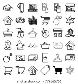 Sale icons. set of 36 editable outline sale icons such as shopping cart, tag, hanger, explosion, home care, bra, credit card, cash payment, shopping basket, store, donut