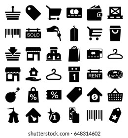 Sale icons set. set of 36 sale filled icons such as hanger, tag, credit card, explosion, home care, clothes on hanger, shopping bag, donut, cargo on palette, bar code, tent