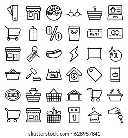 Sale icons set. set of 36 sale outline icons such as home, tag, hanger, credit card, explosion, clothes on hanger, bra, hot dog, donut, cargo tag, rent tag, shop