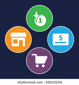 Sale icons set. set of 4 sale filled icons such as explosion, shopping cart, store
