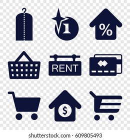 Sale icons set. set of 9 sale filled icons such as explosion, clothes on hanger, house sale, rent tag, mortgage, shopping cart, shopping bag