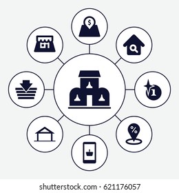 Sale icons set. set of 9 sale filled icons such as home, explosion, home search, lot price, shop, building, shopping basket, online shopping