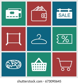 Sale icons set. set of 9 sale filled and outline icons such as hanger, shopping bag, donut, shopping cart, credit card