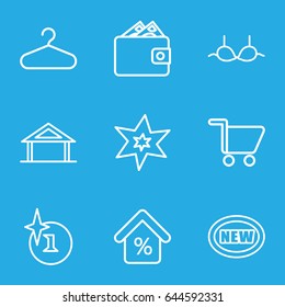 Sale icons set. set of 9 sale outline icons such as home, explosion, hanger, bra, mortgage, shopping cart, new