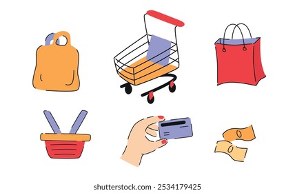 Sale Icons Set. Colourful Marketing Elements. Shopping, Discount, and Sale Symbols. Vector flat illustration of Bag, Money and Shopping Cart.