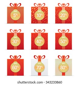 Sale icons. Set of different gift boxes, with sale percentage signs.