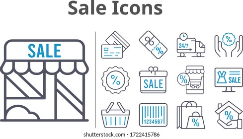 sale icons set. included gift, shopping bag, online shop, mortgage, shop, discount, shopping-basket, credit card, delivery truck, barcode icons. bicolor styles.