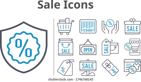 sale icons set. included gift, online shop, shopping bag, sale, price tag, shopping cart, discount, warranty, barcode, open icons. bicolor styles.