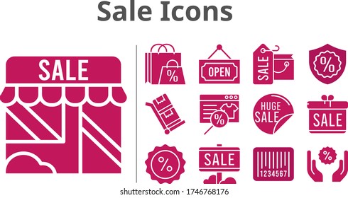 sale icons set. included gift, shopping bag, online shop, sale, shop, discount, warranty, barcode, open, trolley icons. filled styles.