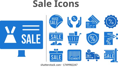 sale icons set. included gift, online shop, sale, voucher, shopping cart, discount, warranty, delivery truck, credit card, barcode icons. filled styles.