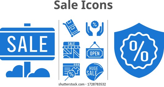 sale icons set. included online shop, sale, shop, discount, warranty, open, trolley icons. filled styles.