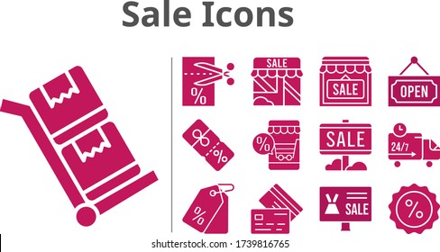 sale icons set. included online shop, sale, shop, voucher, price tag, discount, credit card, delivery truck, open, trolley icons. filled styles.