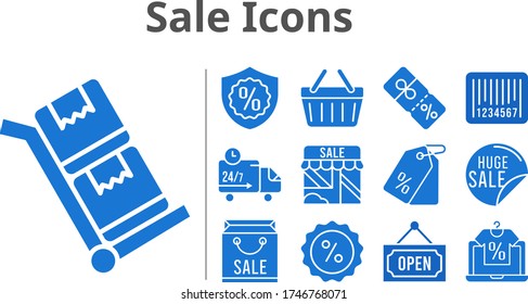 sale icons set. included online shop, shopping bag, sale, shop, price tag, discount, warranty, shopping-basket, delivery truck, barcode, open, trolley icons. filled styles.