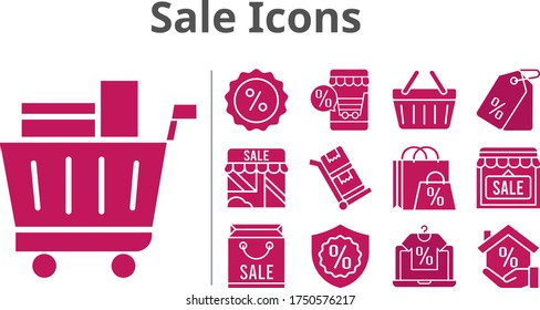 sale icons set. included online shop, shopping bag, mortgage, shop, price tag, shopping cart, warranty, discount, shopping-basket, trolley icons. filled styles.
