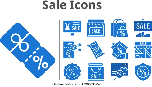 sale icons set. included shopping bag, online shop, sale, shop, mortgage, voucher, warranty, discount, trolley icons. filled styles.