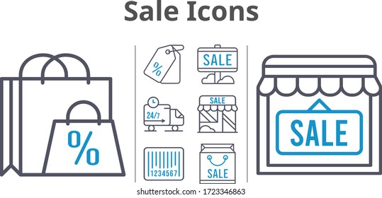 sale icons set. included shopping bag, sale, shop, price tag, delivery truck, barcode icons. bicolor styles.