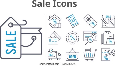 sale icons set. included shopping bag, online shop, mortgage, shop, voucher, shopping cart, discount, credit card, delivery truck, open, trolley icons. bicolor styles.