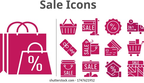 sale icons set. included shopping bag, sale, mortgage, shop, shopping cart, discount, shopping-basket, delivery truck, credit card icons. filled styles.