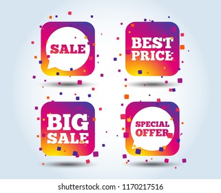 Sale icons. Special offer speech bubbles symbols. Big sale and best price shopping signs. Colour gradient square buttons. Flat design concept. Vector