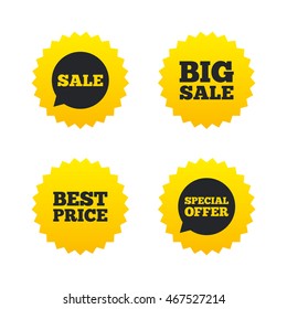 Sale icons. Special offer speech bubbles symbols. Big sale and best price shopping signs. Yellow stars labels with flat icons. Vector