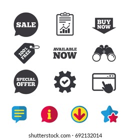 Sale icons. Special offer speech bubbles symbols. Buy now arrow shopping signs. Available now. Browser window, Report and Service signs. Binoculars, Information and Download icons. Stars and Chat