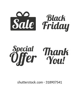 Sale icons. Special offer and thank you symbols. Gift box sign. Flat icons on white. Vector