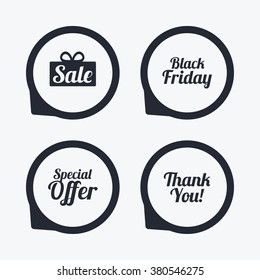 Sale icons. Special offer and thank you symbols. Gift box sign. Flat icon pointers.