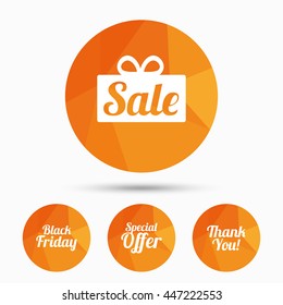 Sale icons. Special offer and thank you symbols. Gift box sign. Triangular low poly buttons with shadow. Vector