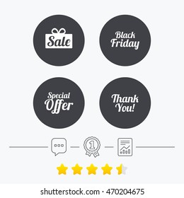 Sale icons. Special offer and thank you symbols. Gift box sign. Chat, award medal and report linear icons. Star vote ranking. Vector