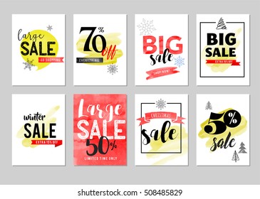 Sale icons, tags, labels and mobile theme. Christmas sale colorful watercolor vector backgrounds, poster design