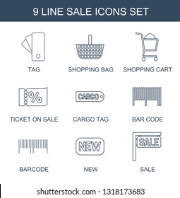 sale icons. Trendy 9 sale icons. Contain icons such as tag, shopping bag, shopping cart, ticket on sale, cargo tag, bar code, barcode, new. icon for web and mobile.
