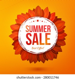 Sale illustrated flower at orange background, vector concept. Decorative banner. Summer hot offer concept.