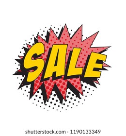 sale illustration in pop art style with colorful speech bubble and halftone dotted shadow on white background
