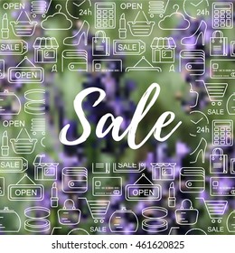 Sale illustration. Shopping background with line style icons on blurred floral background. Linear style fashion unfocused pattern.