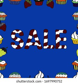 Sale. Illustration in white, blue and brown colors. Premium handmade vector lettering and calligraphy phrase for invitation, t-shirt, prints, social media, banners and posters. Seamless pattern.