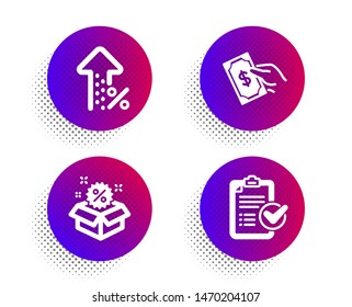 Sale, Increasing percent and Pay money icons simple set. Halftone dots button. Survey checklist sign. Discount, Hold cash, Report. Finance set. Classic flat sale icon. Vector