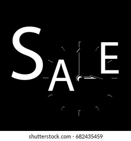 Sale inscription with clocks. Sales event square vector illustration. Clocks silhouette with typography. Black Friday advertisement. Seasonal discount icon or banner template. Black and red sale print
