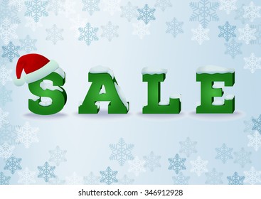 Sale inscription design template in 3d style on blue background with santa hat. Transparent shadow. EPS10 vector illustration