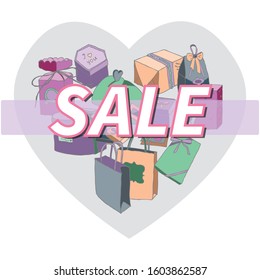 "sale" inscription made on boxes and gifts laid out in the shape of a heart
