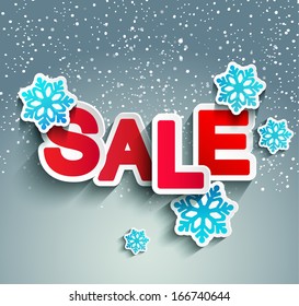 Sale inscription with snowflakes in paper style against snowfall, vector.